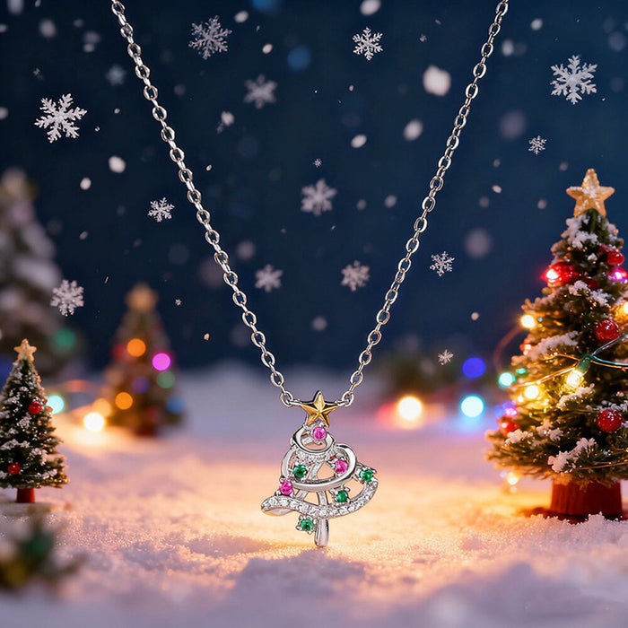 Silver Tone Colorful Christmas Tree Pendant Necklace