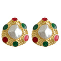 Gold Textured Frame Pearl Center Earrings Red Green Cabochons view 5