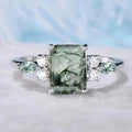 Green Marble-Pattern Rectangular Stone Ring With Leaf Side Accents view 1