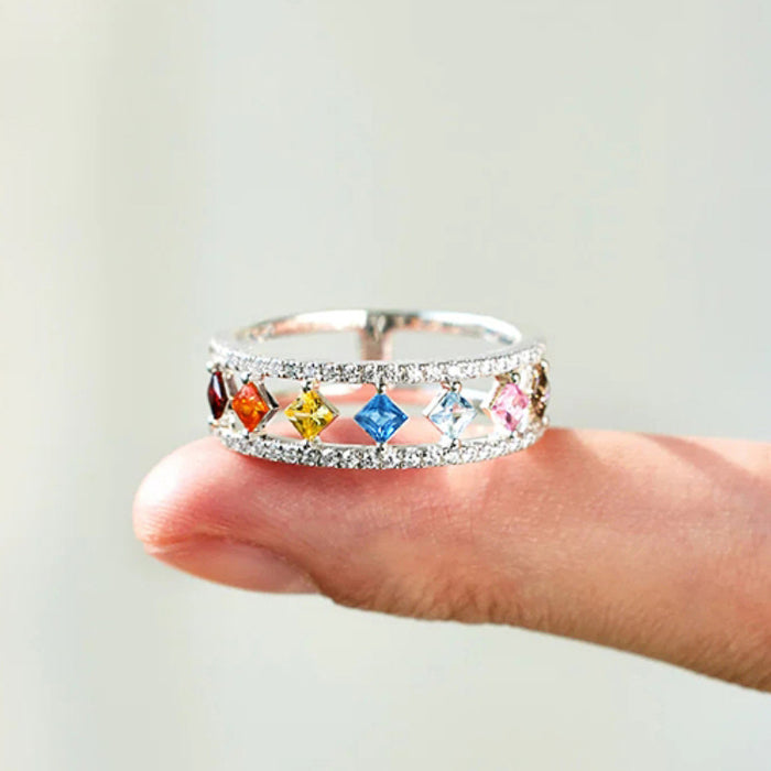 Silver Multicolor Rhombus Dual Band Ring Sizes 6-10