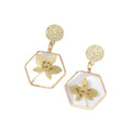 Six Design Gold Tone Geometric Resin Pressed Flower Drop Stud Earrings view 5