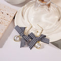 Houndstooth Fabric Bow Drop Earrings Crystal Gold Bar Stud view 2