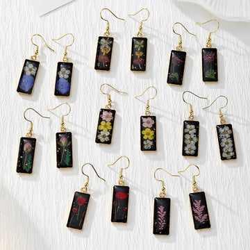 Black Rectangular Pressed Flower Drop Earrings in Eight Designs