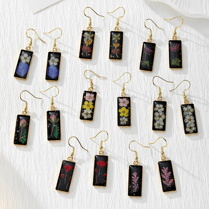 Black Rectangular Pressed Flower Drop Earrings in Eight Designs