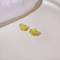 Gold Heart Bow Stud Earrings Pink Crystal Pearl Accents view 4