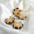 Gold Textured Hoop Earrings Red Green Blue Resin Pearl Accents view 2