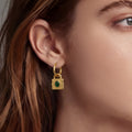Oval Stone Lock Drop Hoop Earrings in Green and Purple view 4