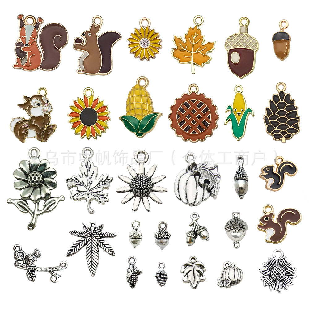 Enamel Zinc Alloy Pumpkin Maple Leaf Squirrel Corn Pinecone Charm Pendant for DIY Earrings