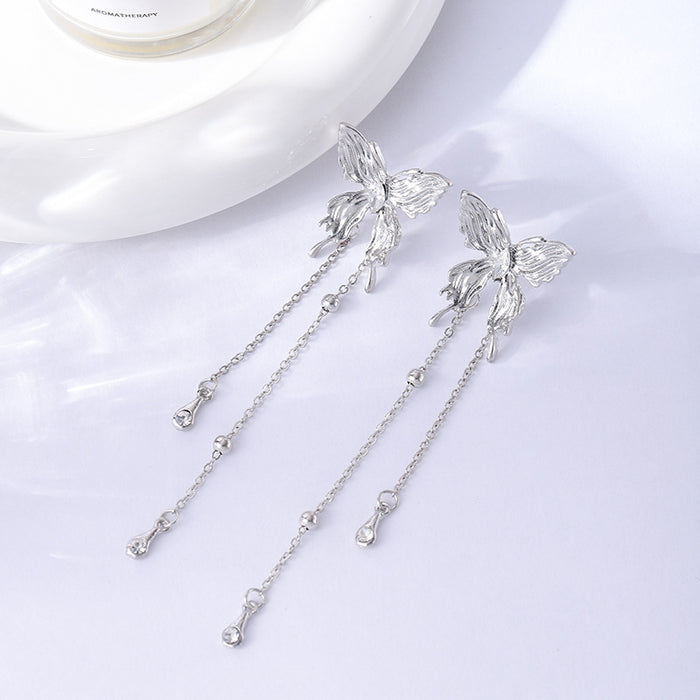 Silver Tone Butterfly Twin Chain Extra Long Stud Earrings