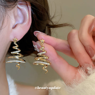 Spiral Christmas Tree Star Drop Stud Earrings With Decorative Metal Details