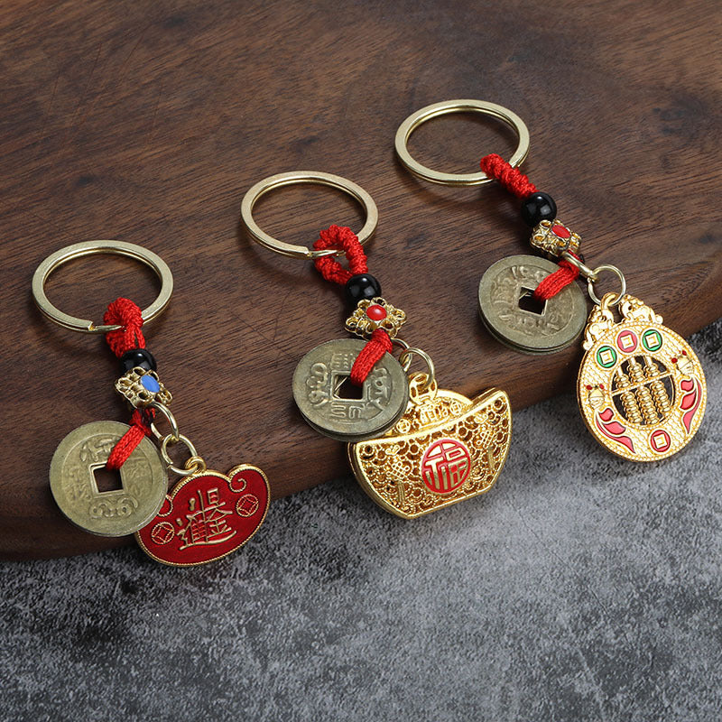 Alloy Wulu Abacus Lucky Coin Keychain with Red Cord Charm