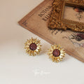 Gold Tone Sunflower Stud Earrings With Burgundy Glitter Round Centers view 4
