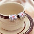 Silver Hammered Square Stud Earrings Enamel Daisy Flower Centers view 6
