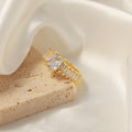 Gold Open Ribbed Ring Square Center Clear Zircon Baguettes view 2
