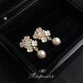 Gold Tone White Flower Cluster Drop Earrings Pearl Dangle view 1