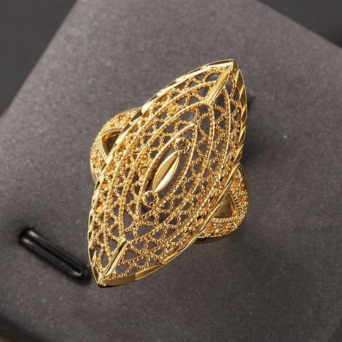 Gold Tone Marquise Filigree Statement Ring Polished Metal Jewelry angled product view
