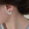 Silver Tone Bow Stud Earrings with Pearl Look Round Drops view 3