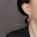Gold Purple Gradient Enamel Disc Drop Earrings Pearl Pair view 2