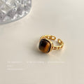 Gold Tone Brown Banded Square Stone Adjustable Open Ring view 6