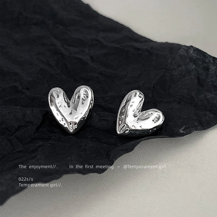 Silver Tone Hammered Sculpted Heart Stud Earrings For Women