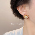 Gold Fan Petal Flower Stud Earrings Burgundy Rim CZ view 2