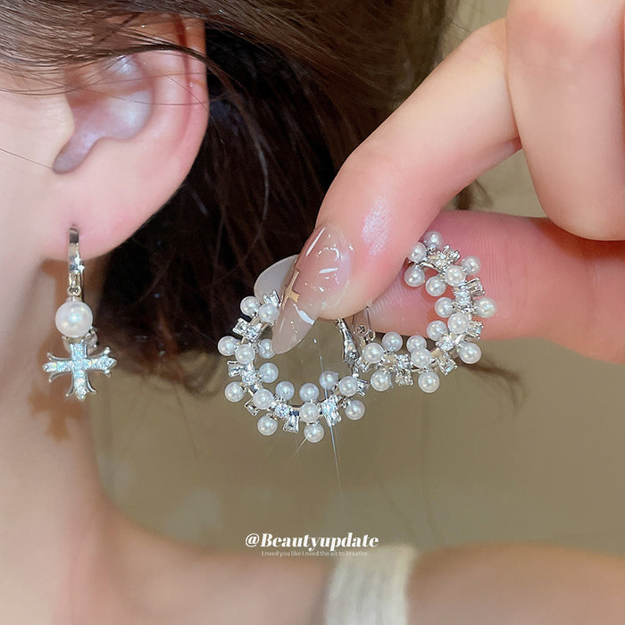 Faux Pearl Hoop Earrings With Star and Cross Charms