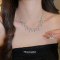 Silver Pearl Rhinestone Cascade Necklace and Pearl Drop Earrings view 4