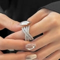 Silver Crossed Baguette Pave Crystal Open Ring Wide Band view 2