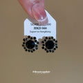 Blue Crystal Flower Halo Stud Earrings with Gold Tone Trim view 4