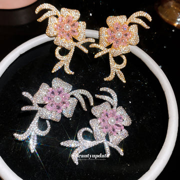 Pink Flower and Crystal Bow Stud Earrings in Two Tones