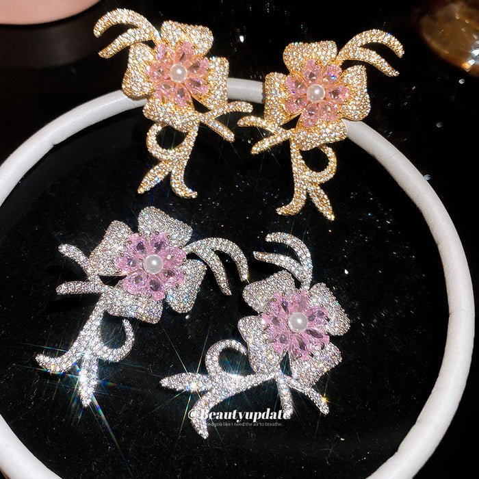 Pink Flower and Crystal Bow Stud Earrings in Two Tones