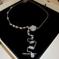 Silver Crystal Rose Flower Teardrop Tassel Necklace view 4