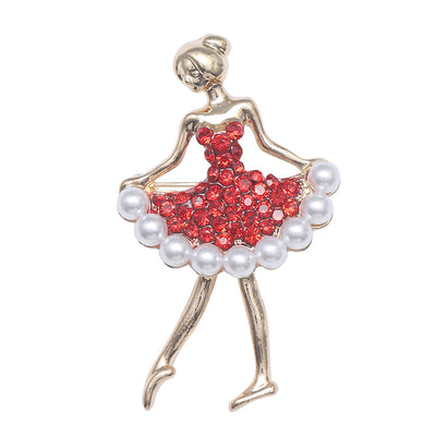 Red rhinestone ballerina brooch pearl skirt gold-tone figure front