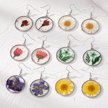 Silver Tone Round Pressed Flower Resin Hook Earrings in Six Colors