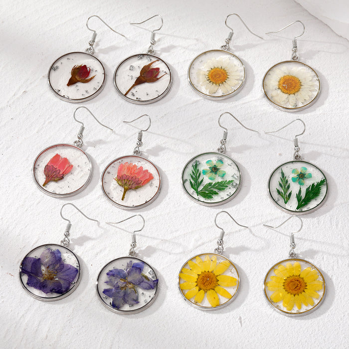 Silver Tone Round Pressed Flower Resin Hook Earrings in Six Colors