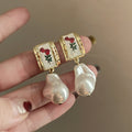 Enamel Floral Tile and Baroque Pearl Drop Earrings view 6