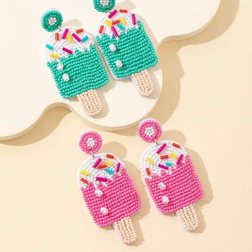 Two pairs of beaded popsicle drop earrings in turquoise and hot pink with sprinkles