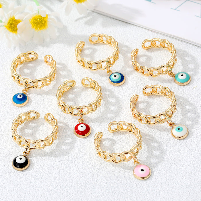 Gold Tone Curb Chain Evil Eye Charm Adjustable Rings