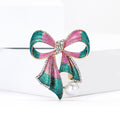 Teal and Pink Striped Bow Brooch With Pearl-Like Drop view 3