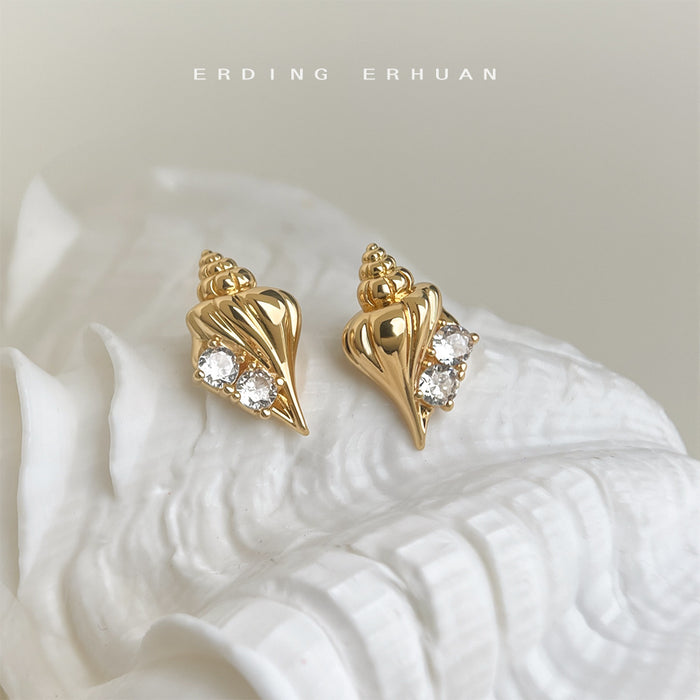 Gold Tone Conch Shell And Clear Stone Earrings In Stud And Clip Styles