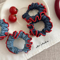 Light Blue Denim Red Ruffle Edge Scrunchie Hair Tie view 3