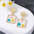 Three Design Gold Tone Geometric Resin Pressed Flower Drop Stud Earrings view 3