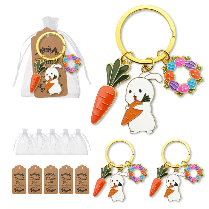 Gold Tone White Bunny Carrot and Flower Wreath Keychain