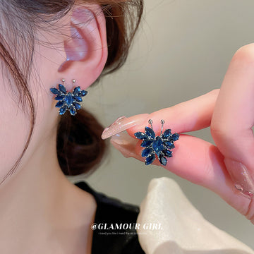 Blue Crystal Floral Cluster Stud Earrings Statement Jewelry