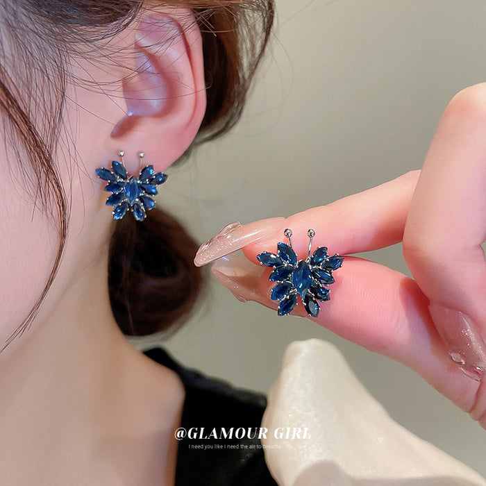 Blue Crystal Floral Cluster Stud Earrings Statement Jewelry