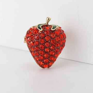 Red Rhinestone Strawberry Brooch Green Enamel Leaves Gold