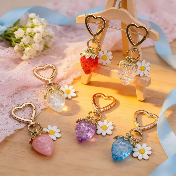 Resin Strawberry Charm Keychain with Heart Clasp and Daisy Rabbit Charms