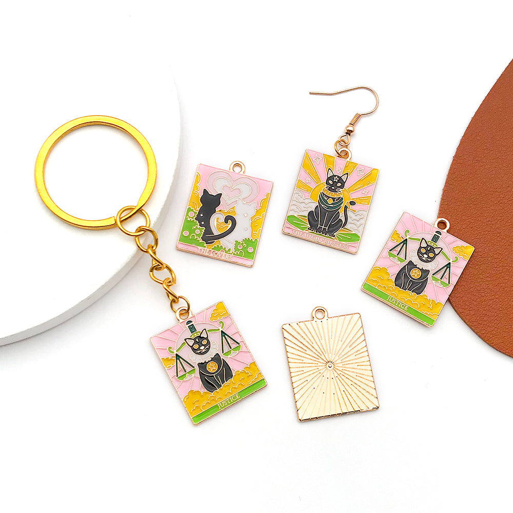 Enamel Zinc Alloy Tarot Card Black Cat Charm Pendant for Necklaces Keychains and Bags