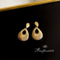 Gold Ribbed Teardrop Drop Earrings Fan Stud Top Pair view 3