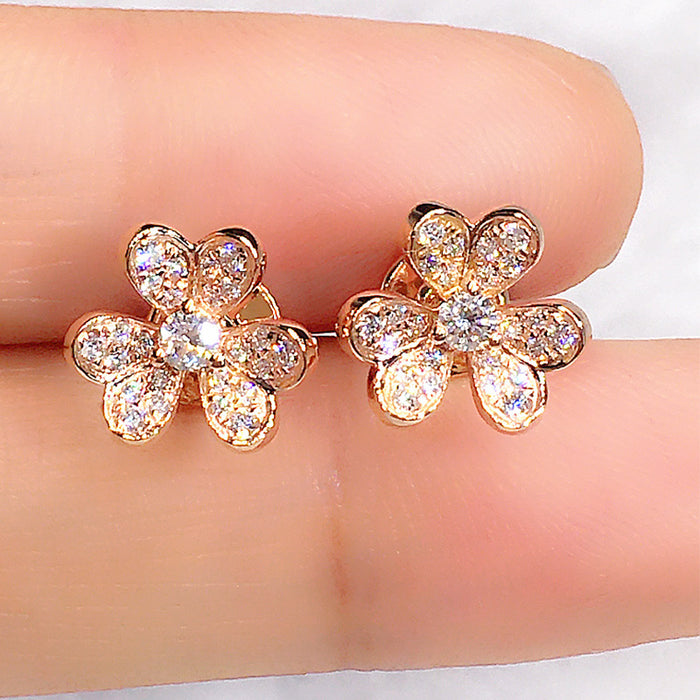 Rose Gold Five Petal Flower Clear Pave Stud Earrings